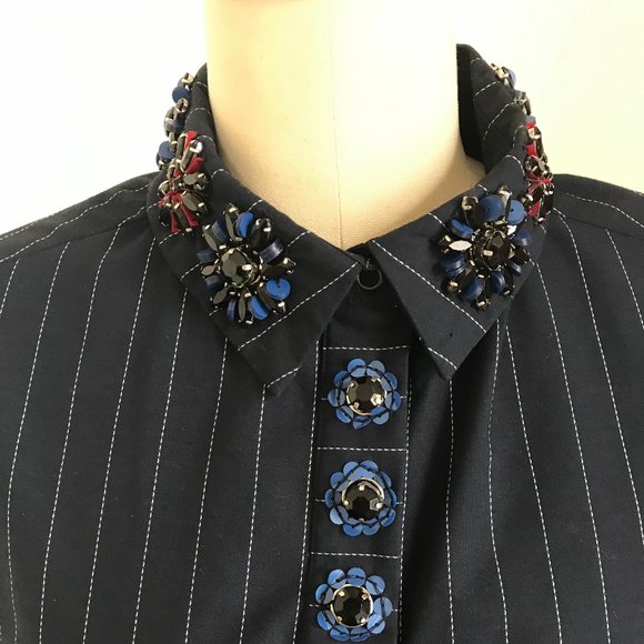 Navy Blue Banana Republic pin stripe shirt Dress with beaded collar Sz Small - Picture 1 of 12